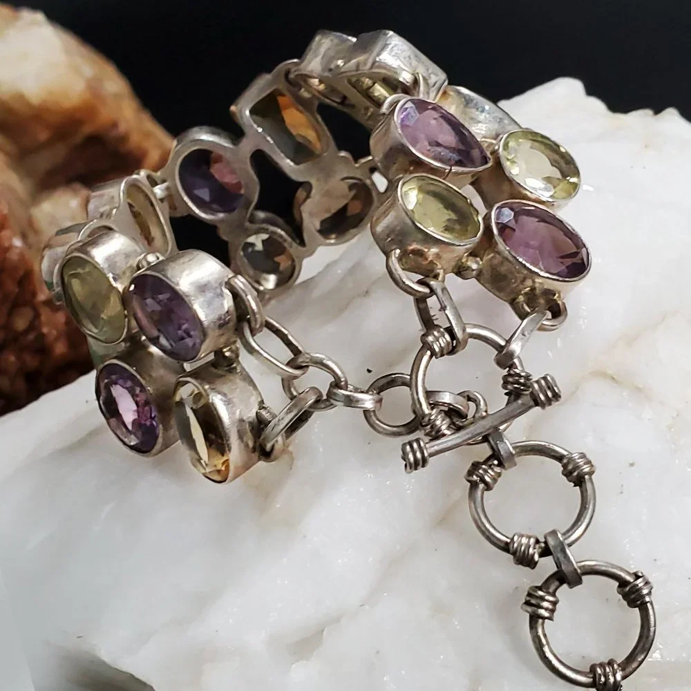 Heavy Sterling Silver Bracelet 925 Genuine Gem Amethyst Citrine Chocolate Topaz
